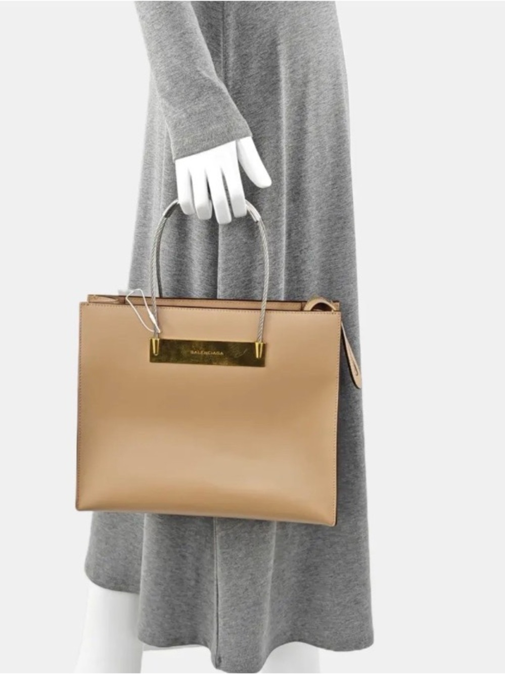 Balenciaga Tan Leather Structured Top-Handle Tote with Gold Plate